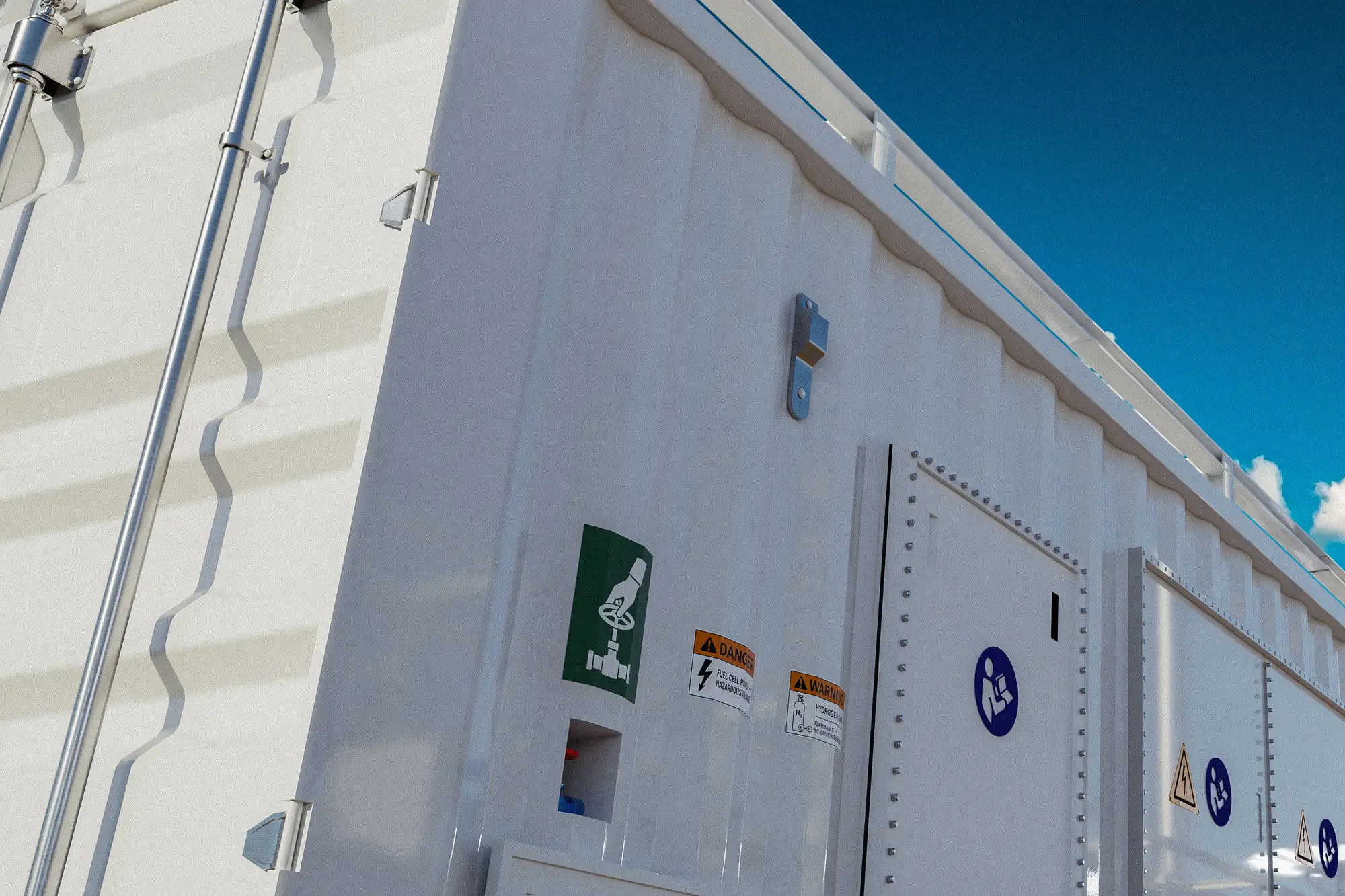 A low view along a row of fuel cell power blocks — project render.