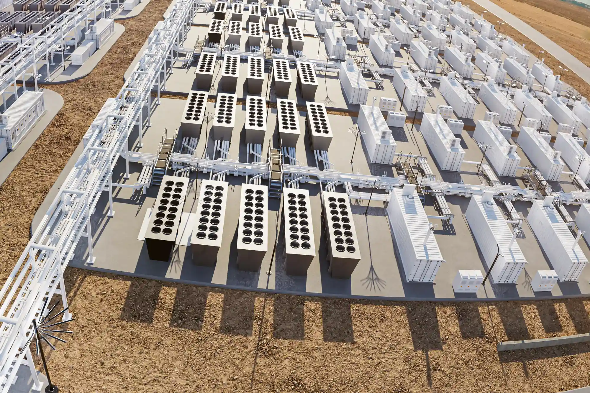 Rows of MW-scale power blocks — project render