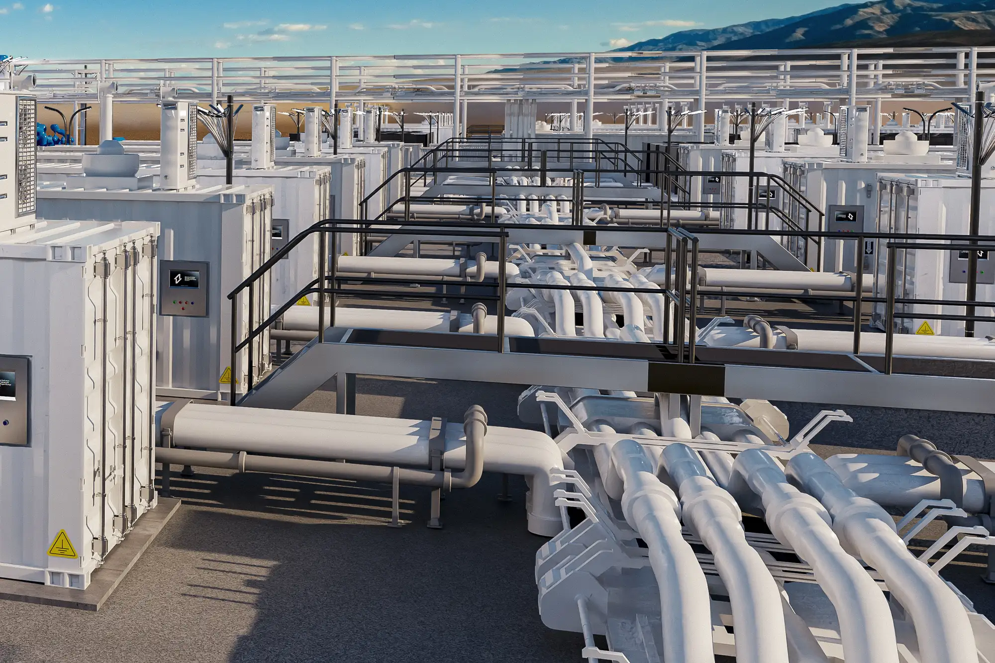 Rows of containerised fuel cell power blocks — project render.