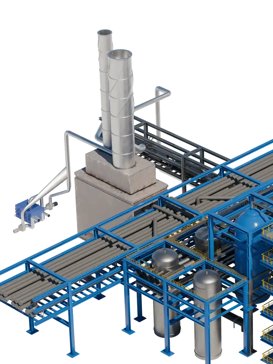 The stacks and pipe racks of the reforming train, drawn in isolation.