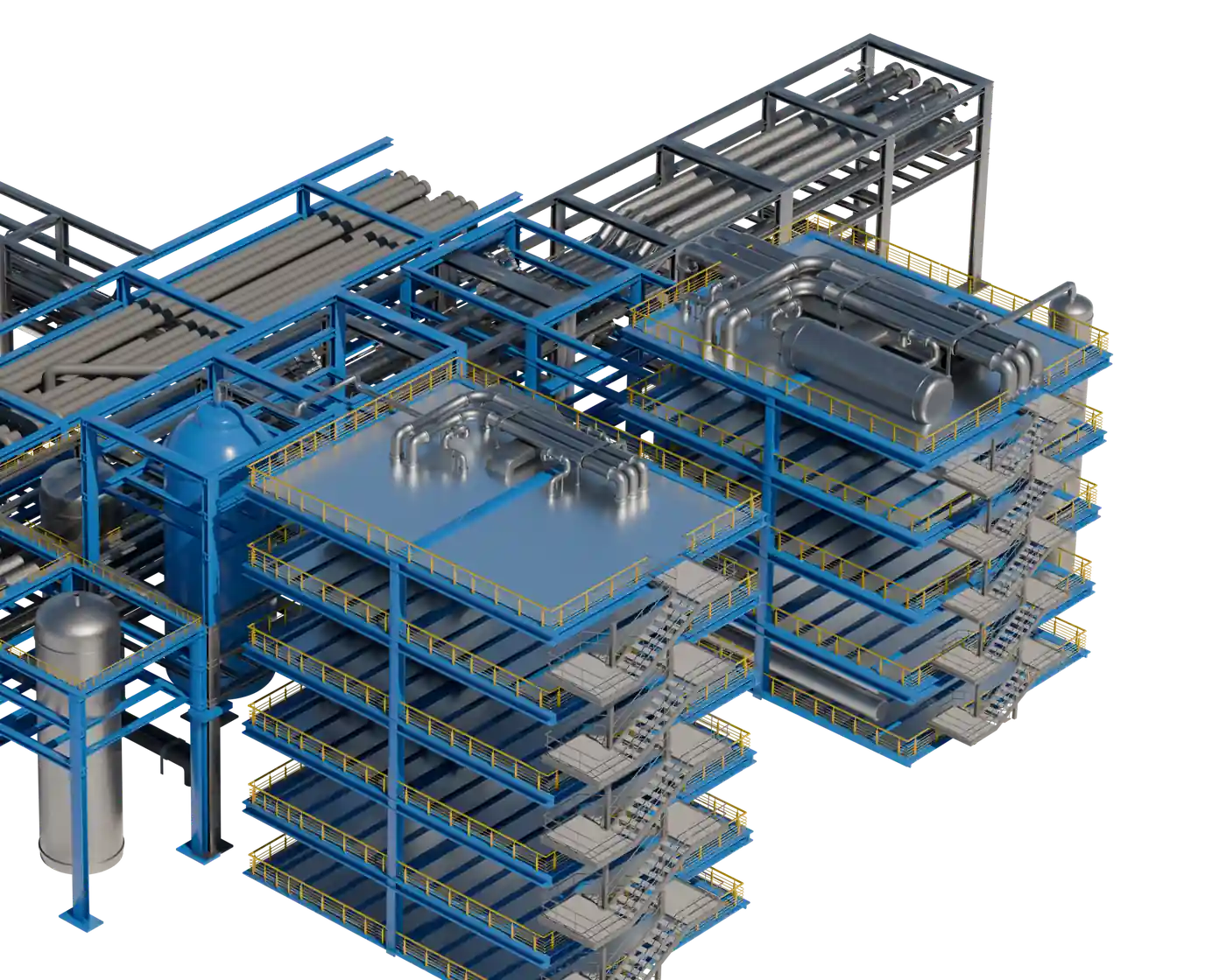 The reformer vessel and stack, the pipe racks and the separation columns, drawn in isolation.