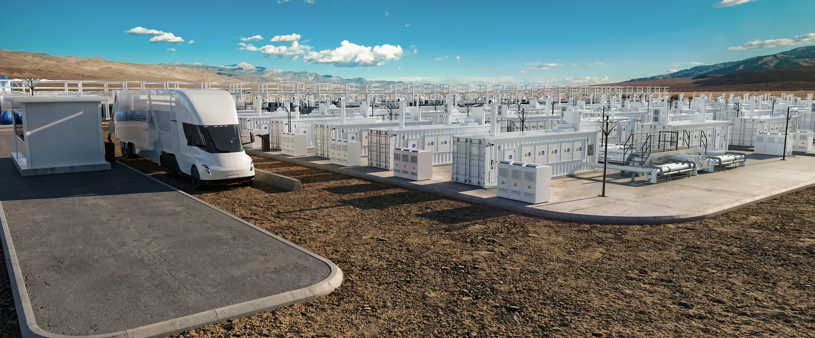 The plant at ground level, on open land with the access road in front — project render.