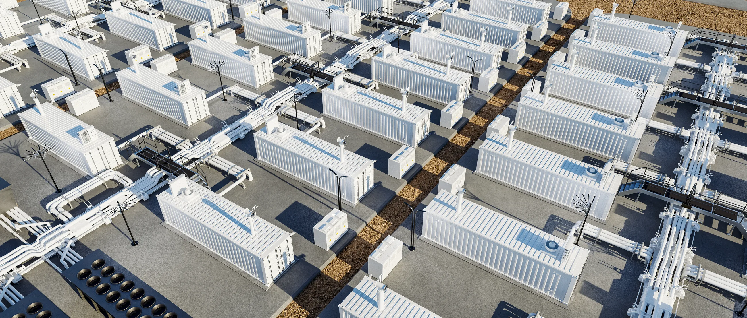 Overhead view of rows of containerized fuel cell power blocks laid out on a project site.