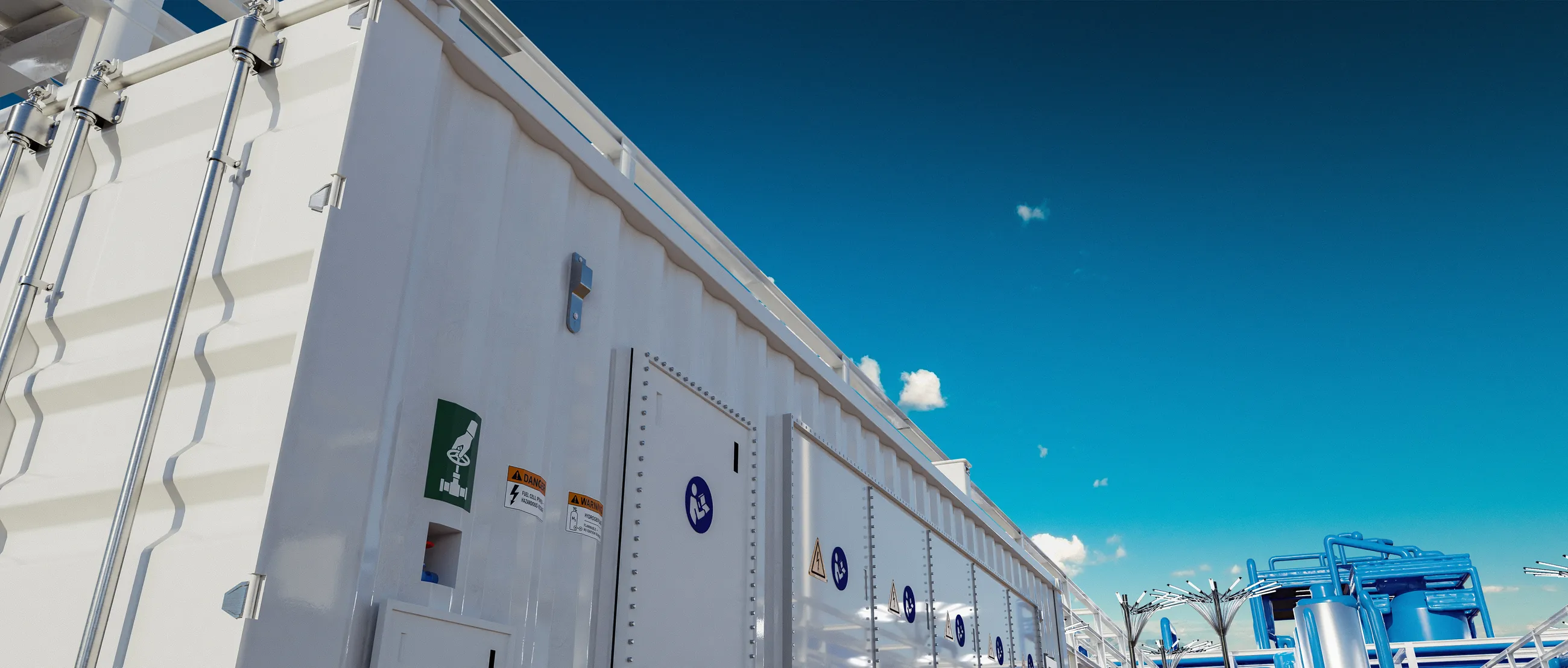 A low view along a row of fuel cell power blocks — project render.