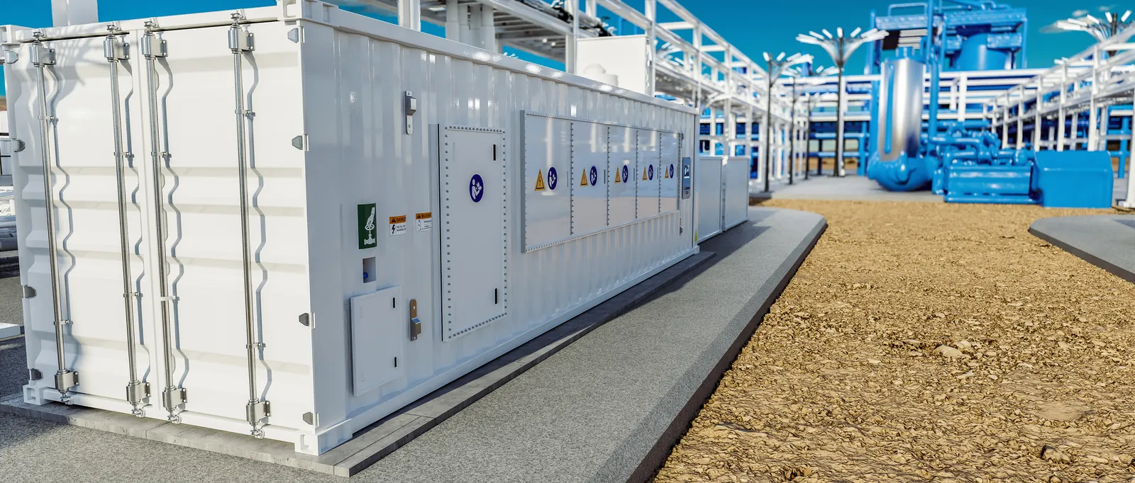 Gas and hydrogen piping running between the reformer and the fuel cell rows — project render.