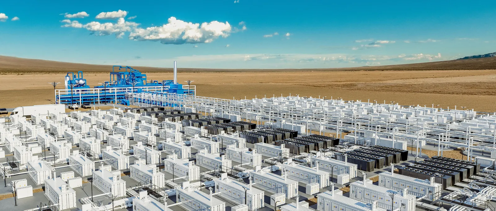 The plant seen across open rangeland: rows of containerised fuel cell blocks with the reformer skid rising behind them.