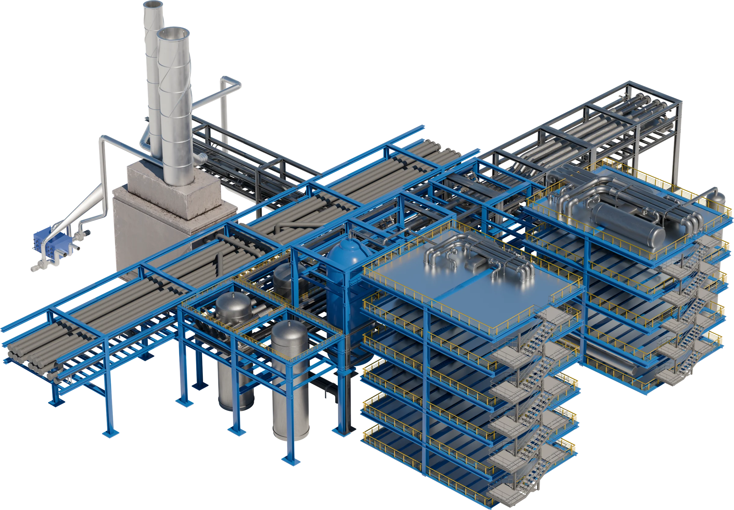 Isometric view of the reforming and carbon capture train: the reformer vessel and stack, the pipe racks, the separation columns and the multi-level access structure, drawn in isolation.