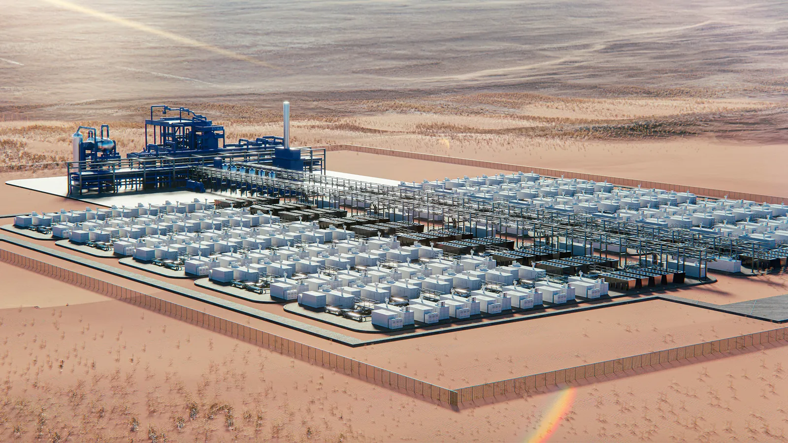 The plant laid out on its parcel: the reformer skid on one side and the rows of fuel cell blocks beside it, with open land all around.