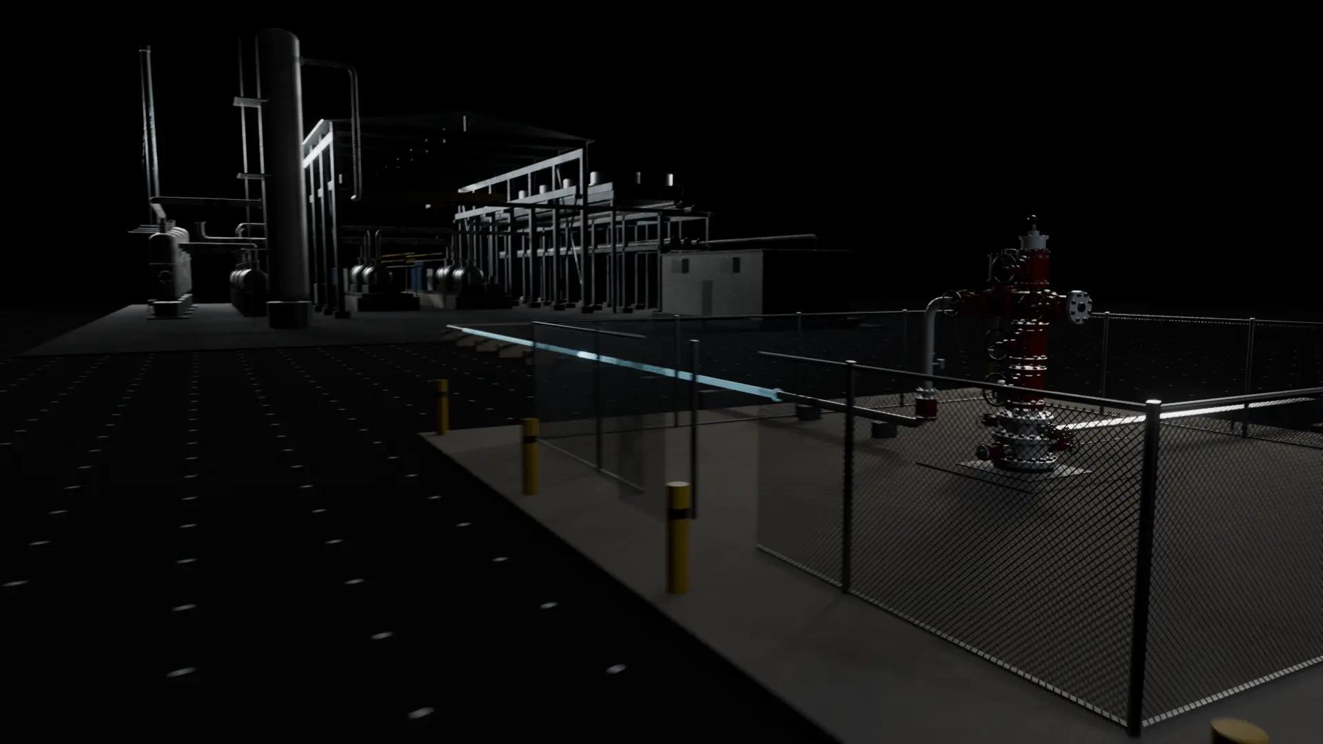 The CO₂ wellhead inside its fenced pad, with the reformer island behind it — project film.